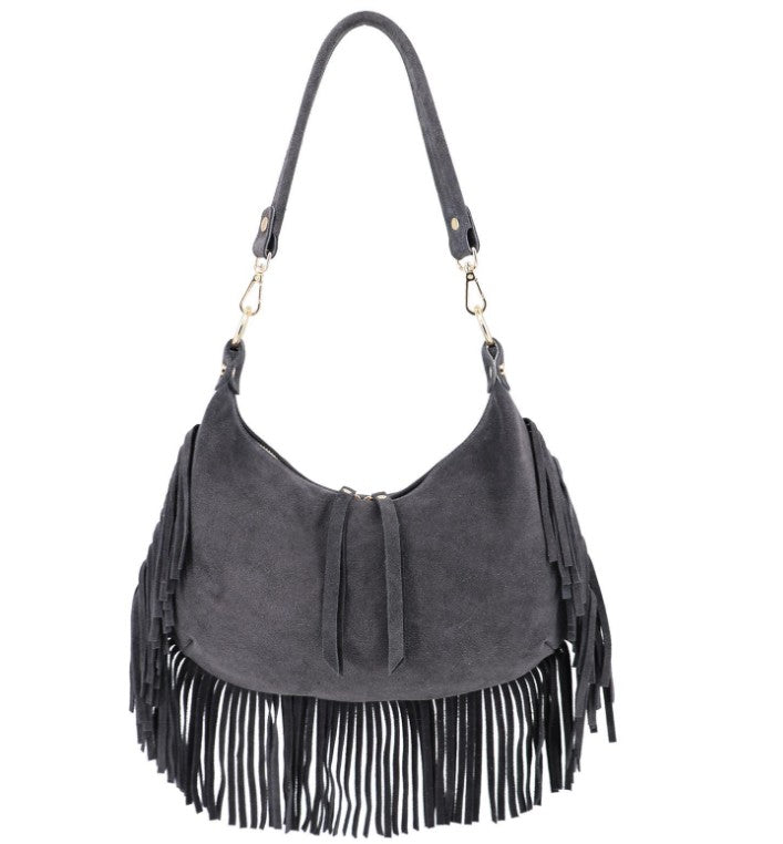 Damen Wildleder Fransentasche Boho Schultertasche Leder