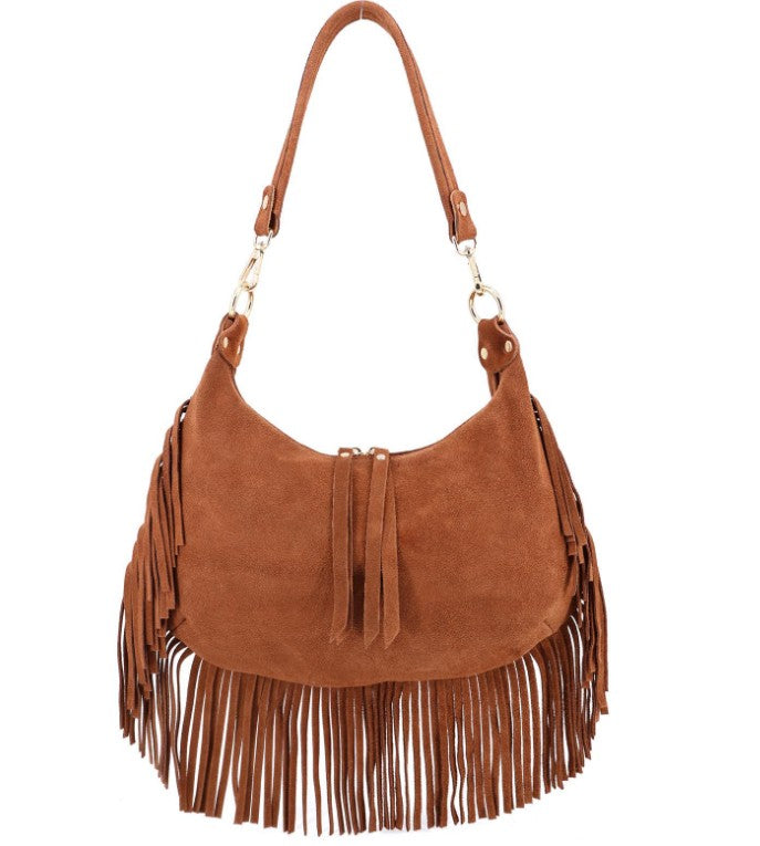 Damen Wildleder Fransentasche Boho Schultertasche Leder