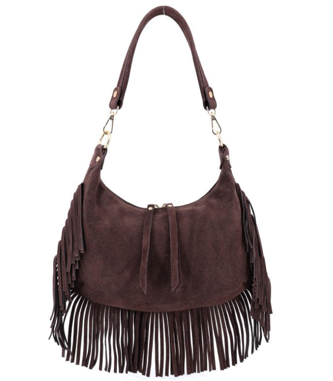 Damen Wildleder Fransentasche Boho Schultertasche Leder