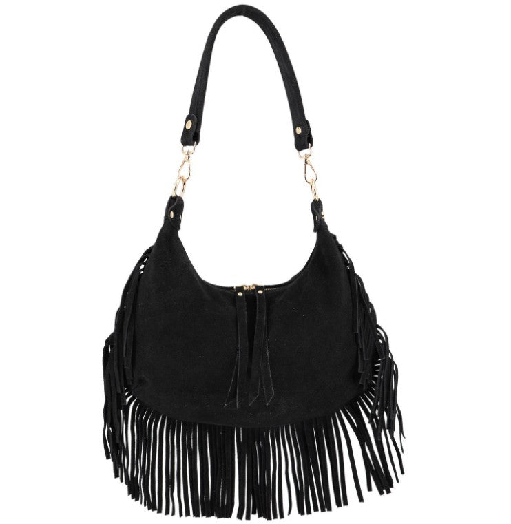 Damen Wildleder Fransentasche Boho Schultertasche Leder