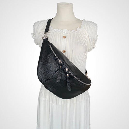 XL Crossbody Bag Leder Schwarz mit 2 Fächer,Reißverschluss Silber,Umhängetasche Crossbody Bag, Hüfttasche, Gürteltasche mit Ledergurt