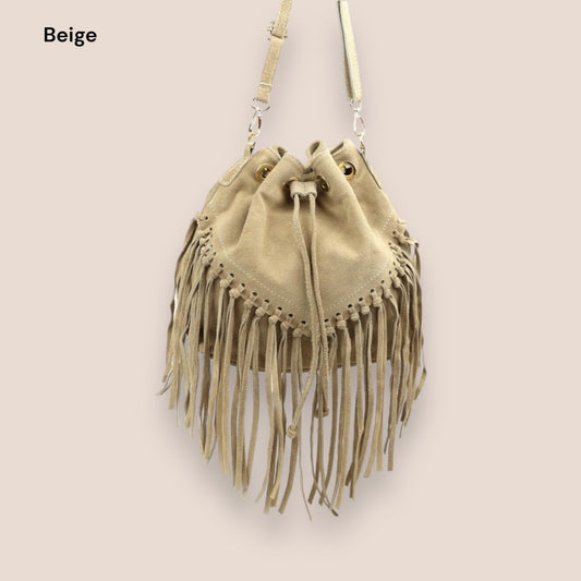 Wildledertasche  mit Fransen, Umhängetasche Damen, Bucket Bag, Fransentasche, Handtasche Wildleder, Slouchy Bag, Veloursleder, Handtasche