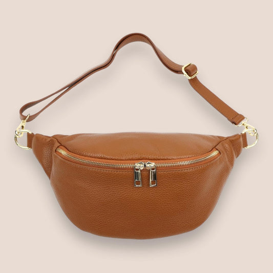 XL Crossbody Bag, GOLD Reißverschluss, Ledertasche , Bauchtasche, Umhängetasche Damen, Crossbody-Tasche, Moon Bag