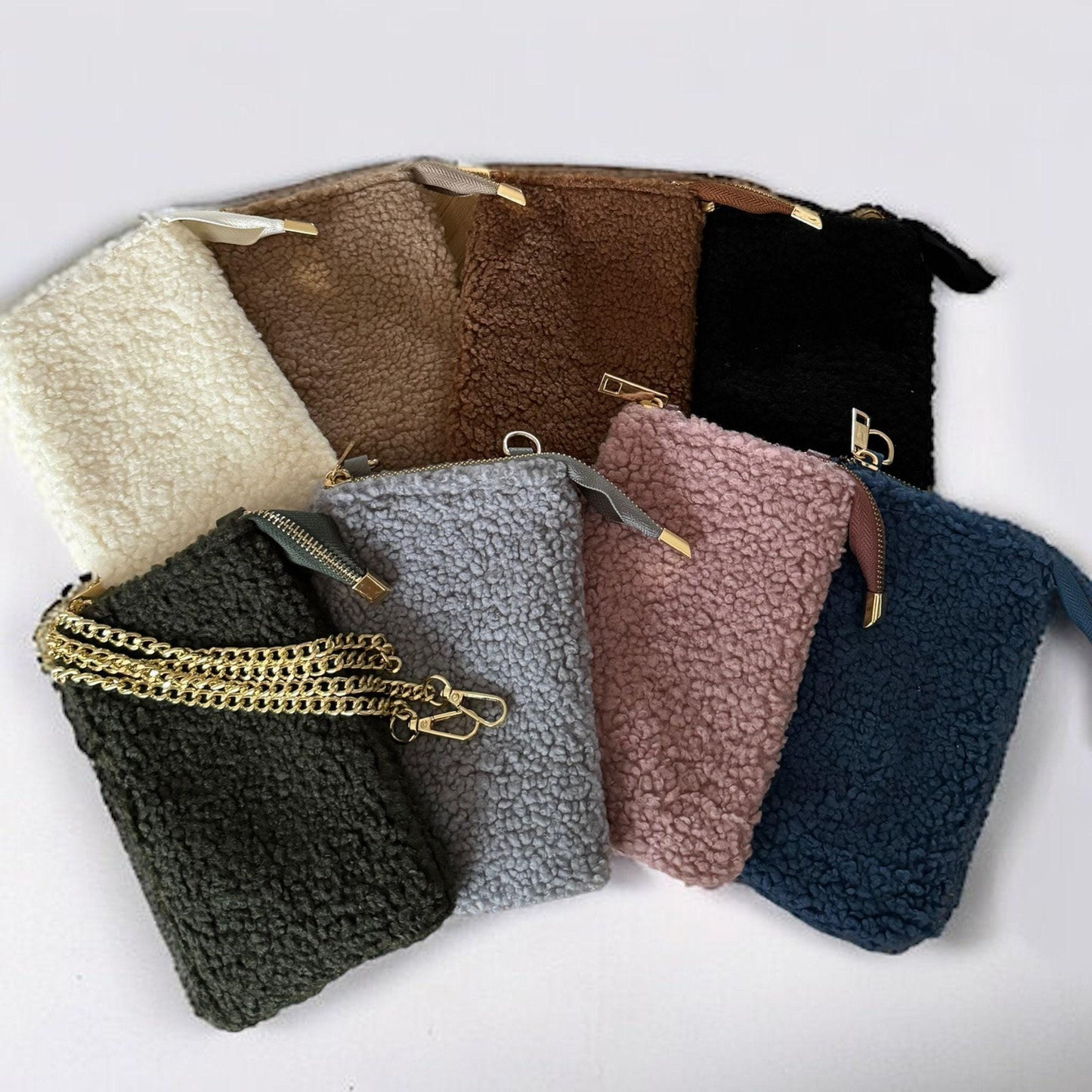 Damen Teddy Handytasche Gold – Plüsch Crossbody Tasche mit Kette