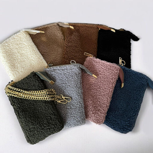 Damen Teddy Handytasche Gold – Plüsch Crossbody Tasche mit Kette