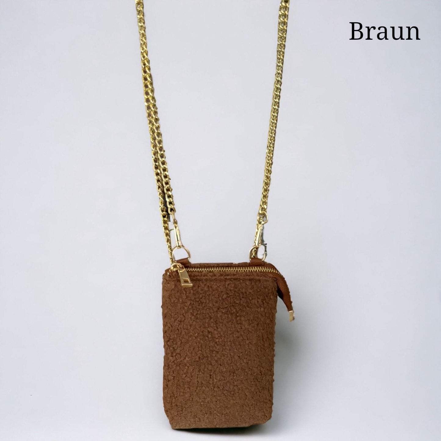 Damen Teddy Handytasche Gold – Plüsch Crossbody Tasche mit Kette