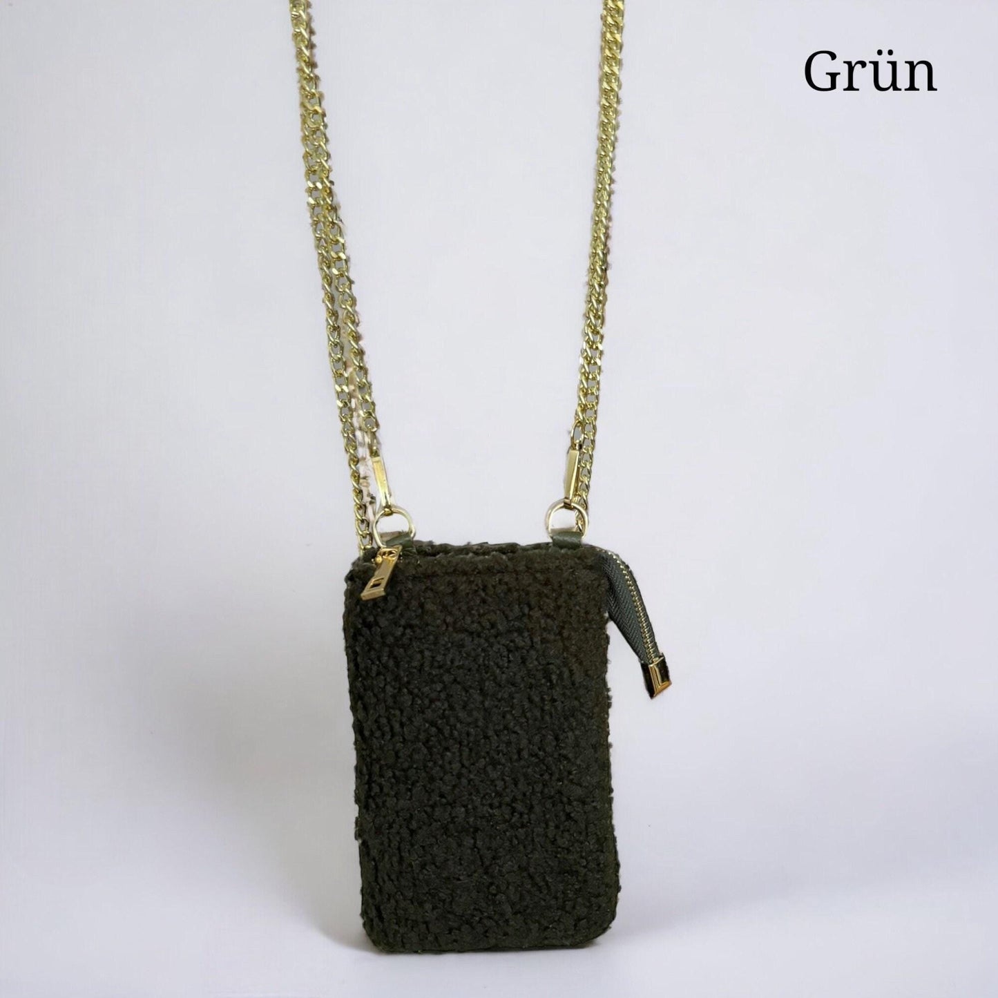 Damen Teddy Handytasche Gold – Plüsch Crossbody Tasche mit Kette