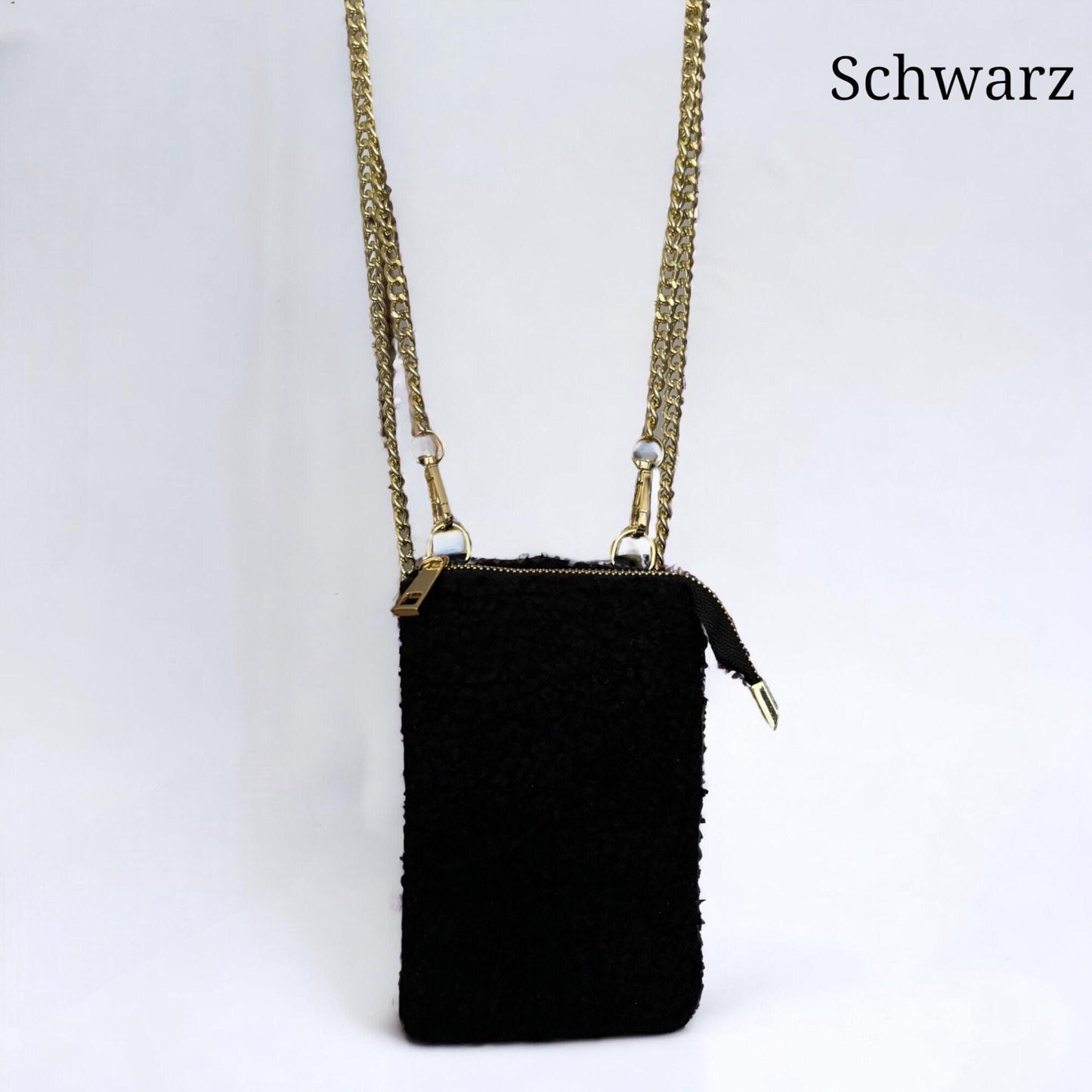 Damen Teddy Handytasche Gold – Plüsch Crossbody Tasche mit Kette
