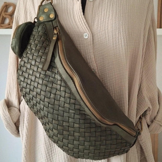 Geflochtene Ledertasche, butterweiches Luxus Leder, Crossbody Bag,Bauchtasche, Umhängetasche mit Portemonnaie, gewebte Tasche, Olivgrün