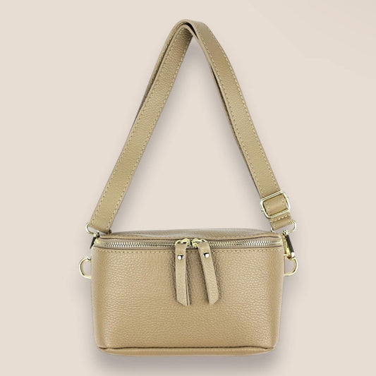 Damen Crossbody Bag, Crossbag Leder, Bauchtasche Mittel, Umhängetasche, Ledertasche, Leder Bauchtasche, Gürteltaschen, Hüfttasche, Gold Zip