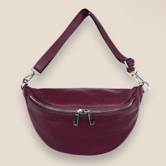 XL Crossbody Bag, Ledertasche , Bauchtasche, Umhängetasche Damen, Crossbody-Tasche, Moon Bag, SILBER Reißverschluss, Ledertasche, Geschenke