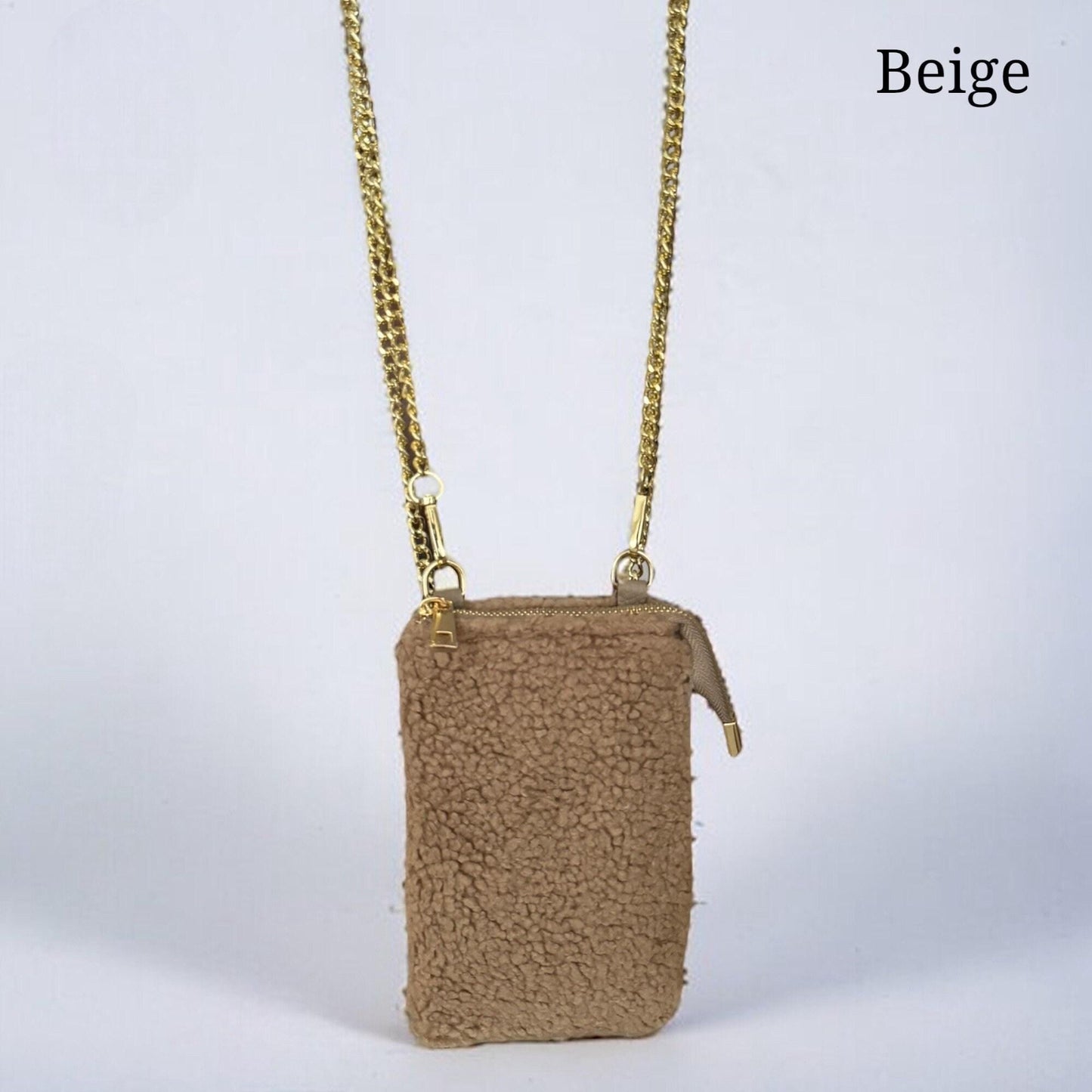 Damen Teddy Handytasche Gold – Plüsch Crossbody Tasche mit Kette
