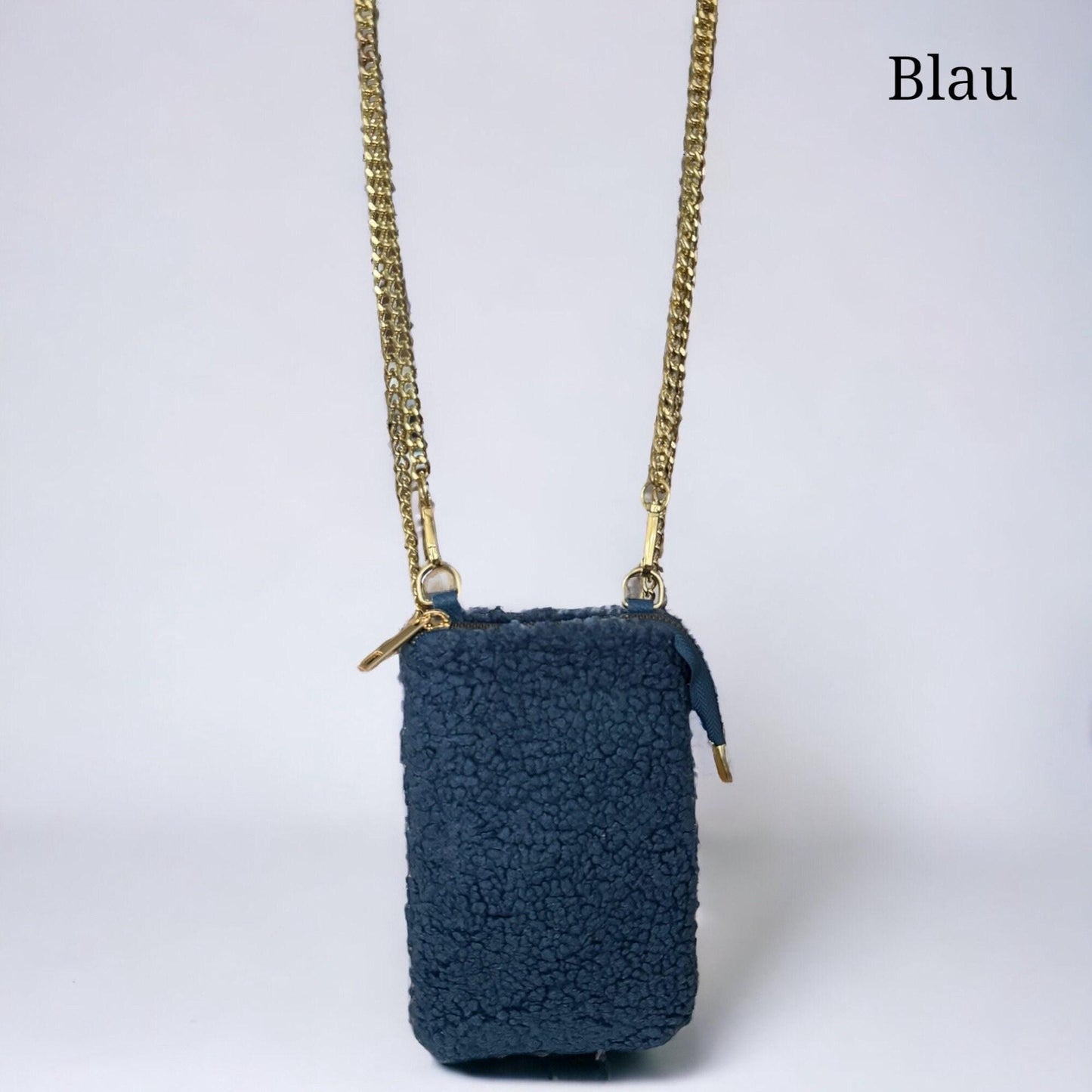 Damen Teddy Handytasche Gold – Plüsch Crossbody Tasche mit Kette