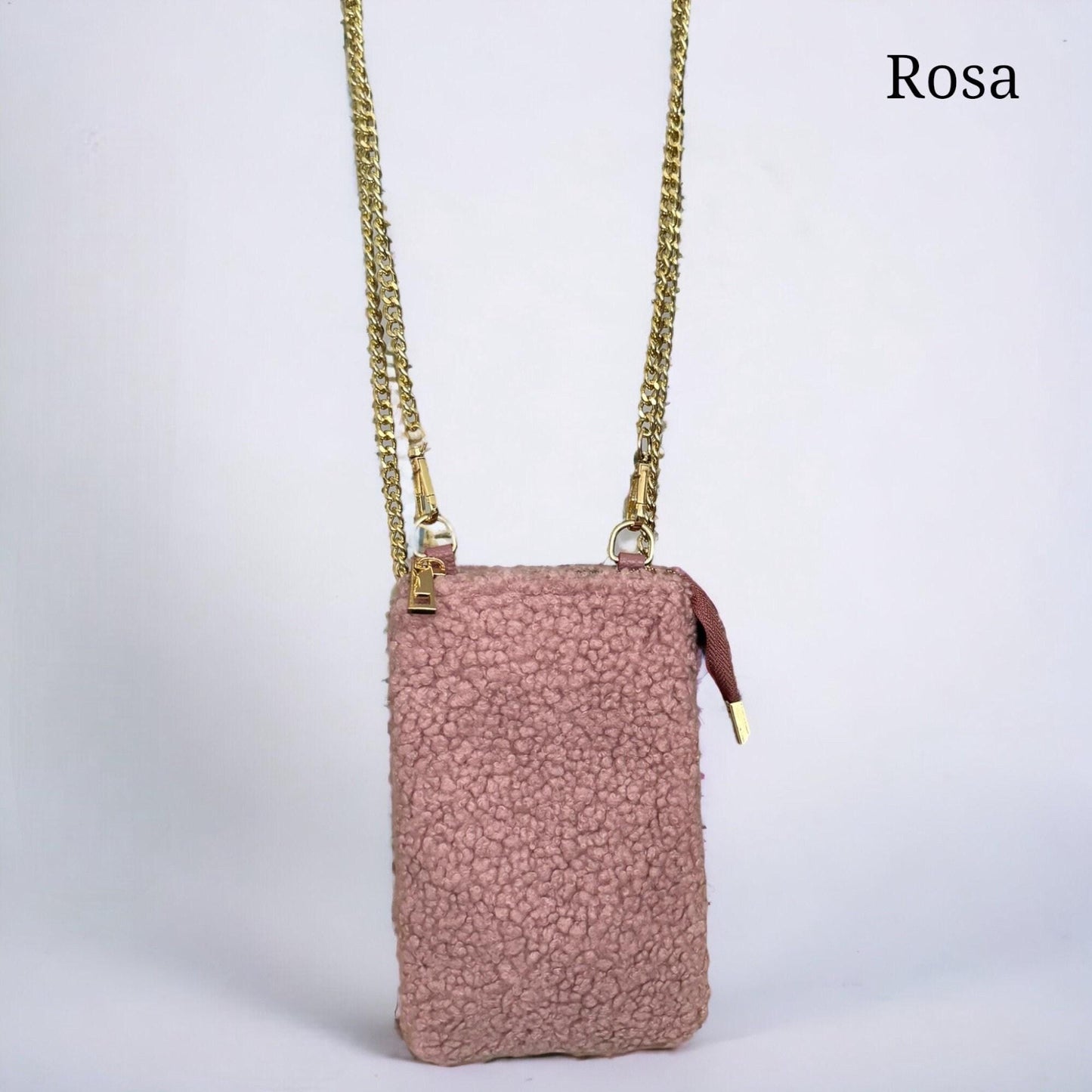Damen Teddy Handytasche Gold – Plüsch Crossbody Tasche mit Kette