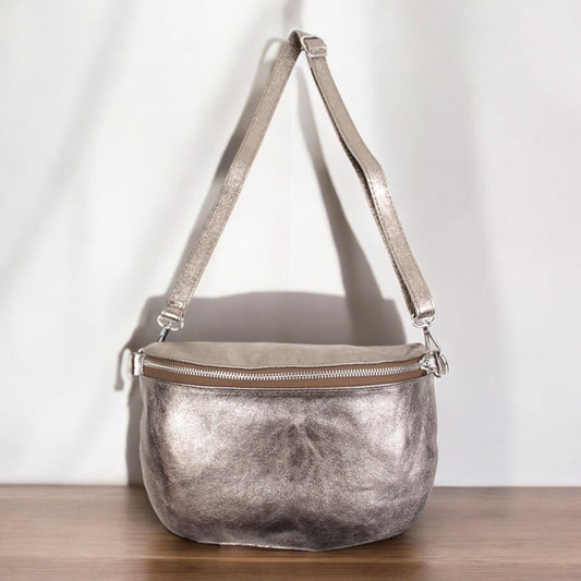 Crossbody Bag Metallic, Crossbag damen, Bauchtasche groß, Leder Umhängetasche, Crossbody, Ledertasche, Gürteltasche, Weihnachtsgeschenk, L