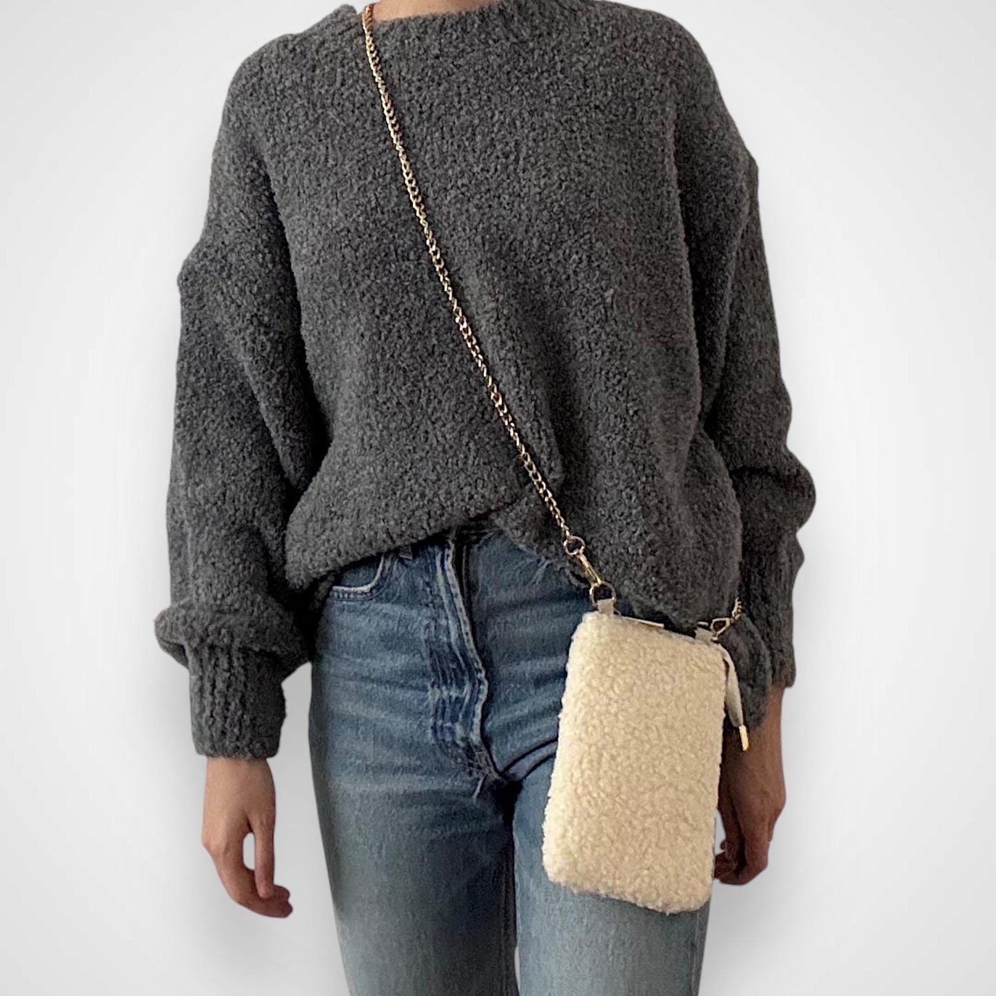 Damen Teddy Handytasche Gold – Plüsch Crossbody Tasche mit Kette