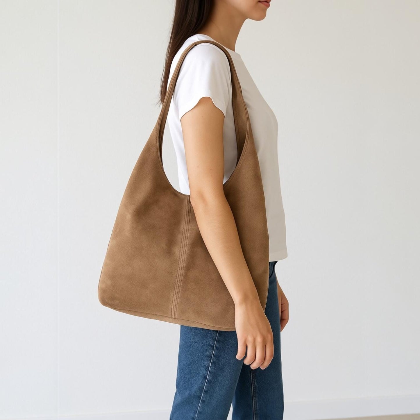 Damen Wildleder Shopper Tasche – Große Schultertasche mit Reißverschluss