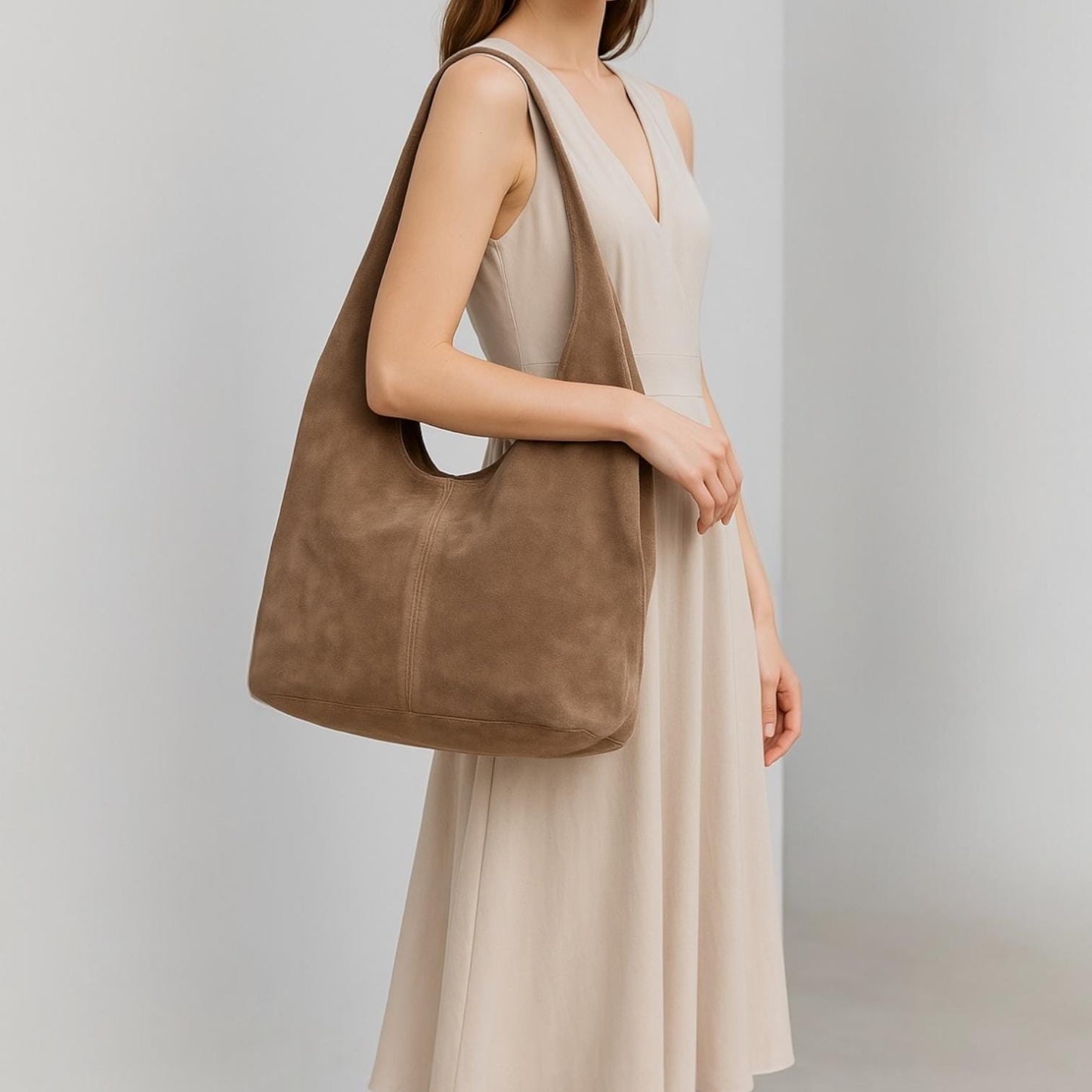 Damen Wildleder Shopper Tasche – Große Schultertasche mit Reißverschluss