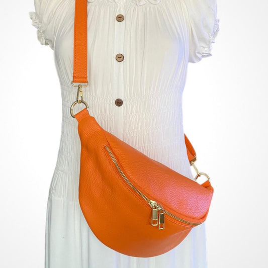 Damen Bauchtasche Leder – Crossbody Tasche mit Gold Reißverschluss