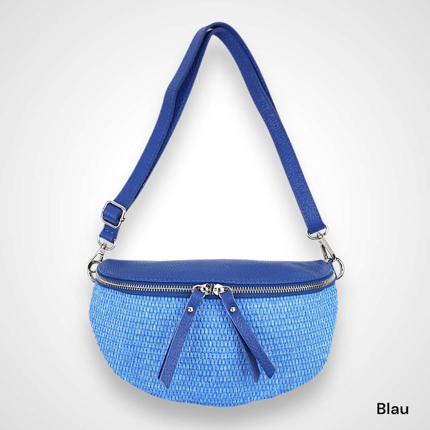 Bauchtasche Stroh mit Leder, Tasche Stroh,Umhängetasche,Tasche Damen, Gürteltasche, Crossbody bag, Hüfttasche, mit silbernem Reißverschluss