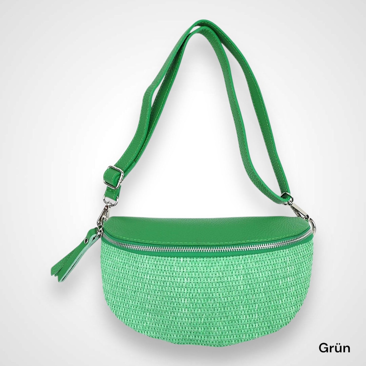 Bauchtasche Stroh mit Leder, Tasche Stroh,Umhängetasche,Tasche Damen, Gürteltasche, Crossbody bag, Hüfttasche, mit silbernem Reißverschluss