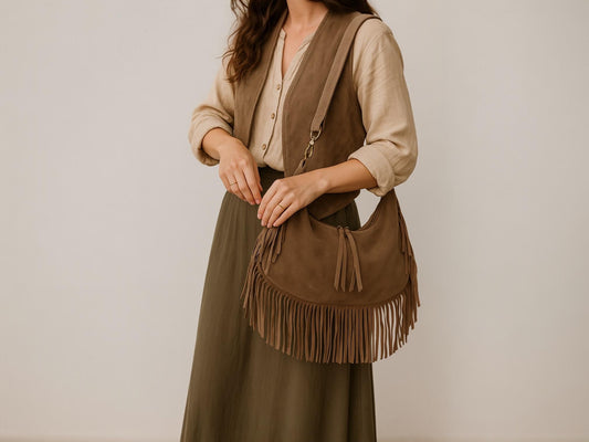 Wildleder Tasche, Umhängetasche mit Fransen, Crossbody Bag, Baguette bag, Clap Bag, Veloursleder, Schultertasche, Ledertasche Damen