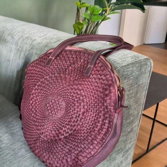 Damen Ledertasche mit Webmuster |Runde Tasche | Kalbsleder | weiche Ledertasche |Hochwertiges Leder | geflochtene Tasche rund,minimalistisch