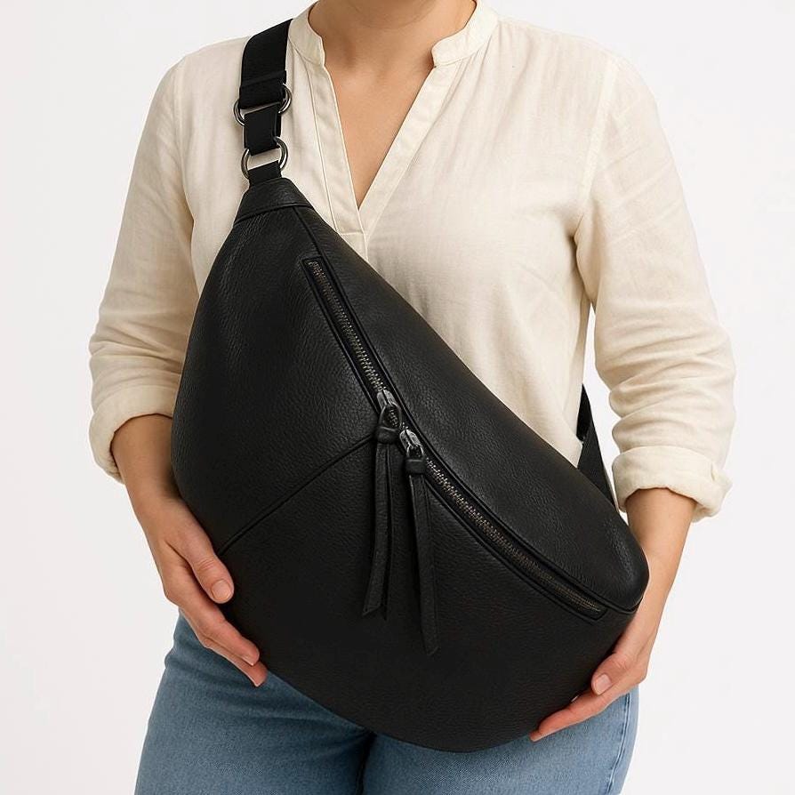 LUNA XXL Crossbody Bag Schwarz, Crossbag Schwarz, Umhängetasche, Bauchtasche, Slingbag, Hüfttasche, Half Moon Bag, Cross Body Bag, Moon bag