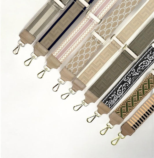 Taschengurt Beige, Taschenriemen Taupe, gemusterter Umhängegurt, Schultergurt, Wechselgurt, Bag Strap, breiter Taschengurt, Gold Silber