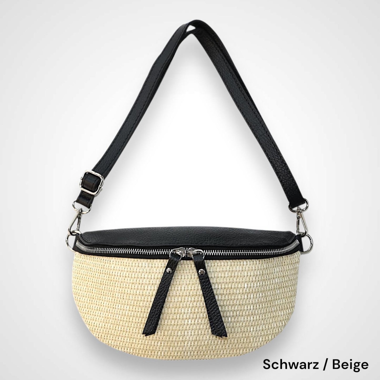 Bauchtasche Stroh mit Leder, Tasche Stroh,Umhängetasche,Tasche Damen, Gürteltasche, Crossbody bag, Hüfttasche, mit silbernem Reißverschluss
