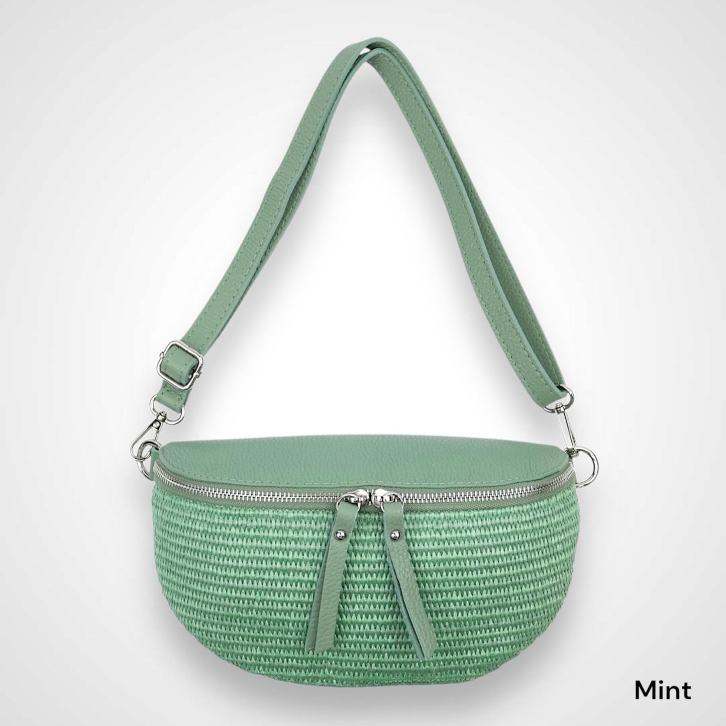 Bauchtasche Stroh mit Leder, Tasche Stroh,Umhängetasche,Tasche Damen, Gürteltasche, Crossbody bag, Hüfttasche, mit silbernem Reißverschluss