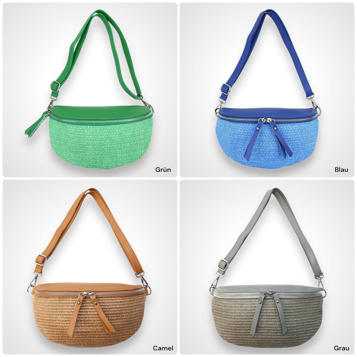 Bauchtasche Stroh mit Leder, Tasche Stroh,Umhängetasche,Tasche Damen, Gürteltasche, Crossbody bag, Hüfttasche, mit silbernem Reißverschluss