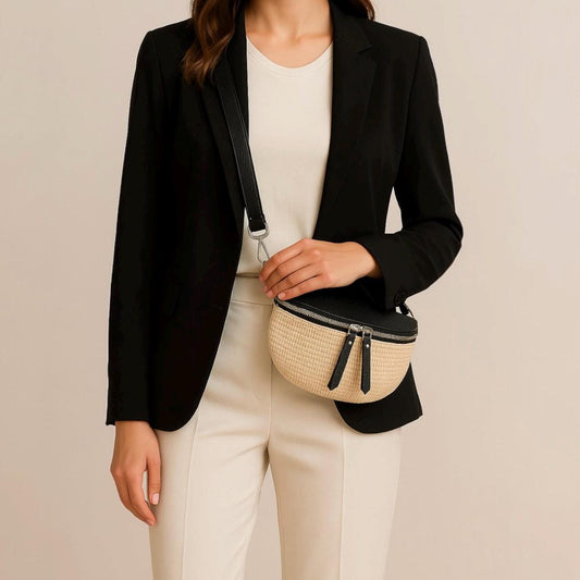 Bauchtasche Stroh mit Leder, Tasche Stroh,Umhängetasche,Tasche Damen, Gürteltasche, Crossbody bag, Hüfttasche, mit silbernem Reißverschluss