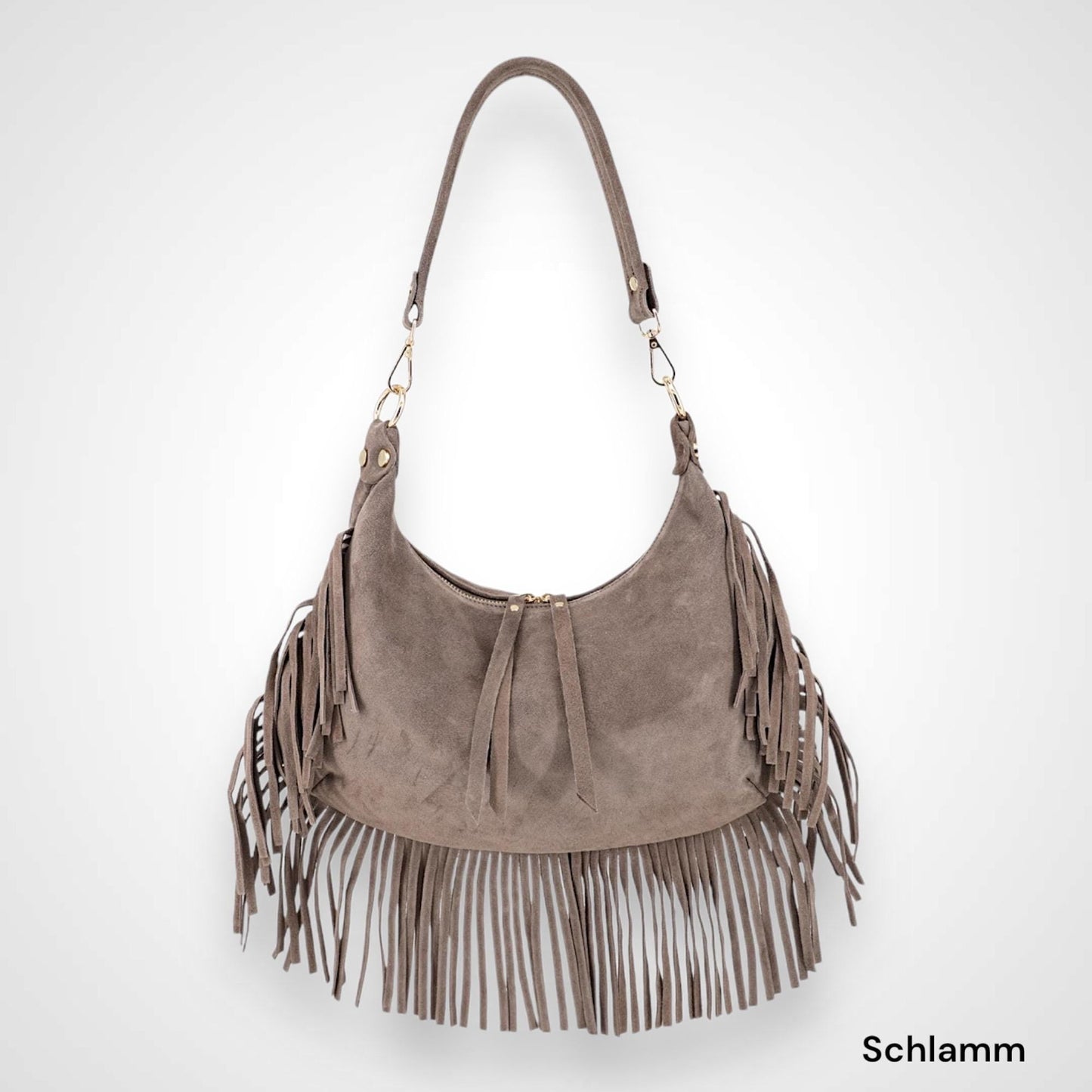 Wildleder Tasche, Umhängetasche mit Fransen, Crossbody Bag, Baguette bag, Clap Bag, Veloursleder, Schultertasche, Ledertasche Damen