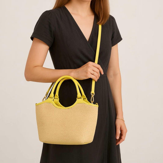 Basttasche, Handtasche Leder, Umhängetasche, Crossbody Bag, Strohtasche, Mini Tote Bag, Crossbag, Korbtasche, Farbauswahl, Tasche Gelb, Mint