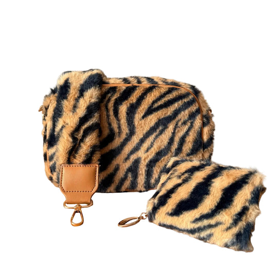 Damen Teddy Tasche Crossbody – Plüsch Bauchtasche Zebramuster mit Geldbörse