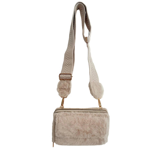Damen Handytasche Teddy – Crossbody Tasche Plüsch Creme mit Wechselgurt