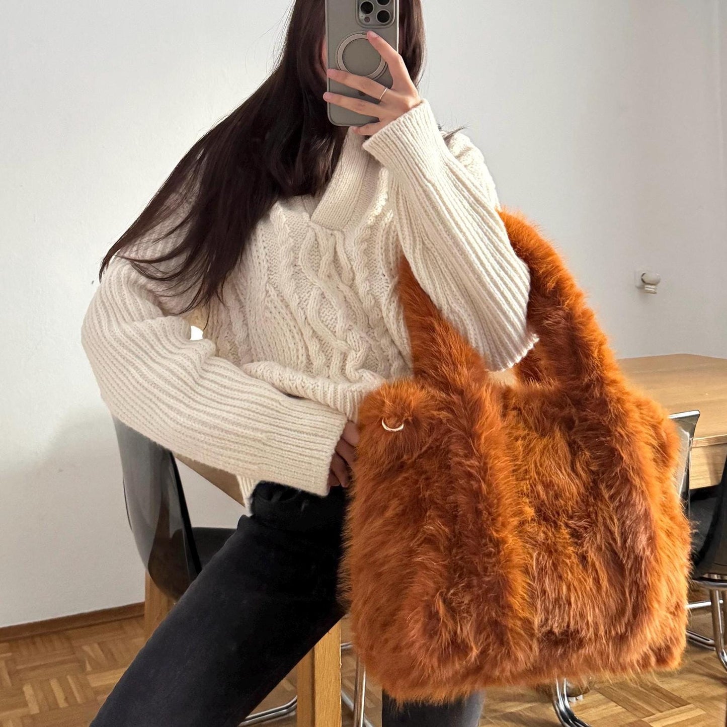 Damen Teddy Tasche Groß Cognac Braun – Plüsch Shopper Tasche