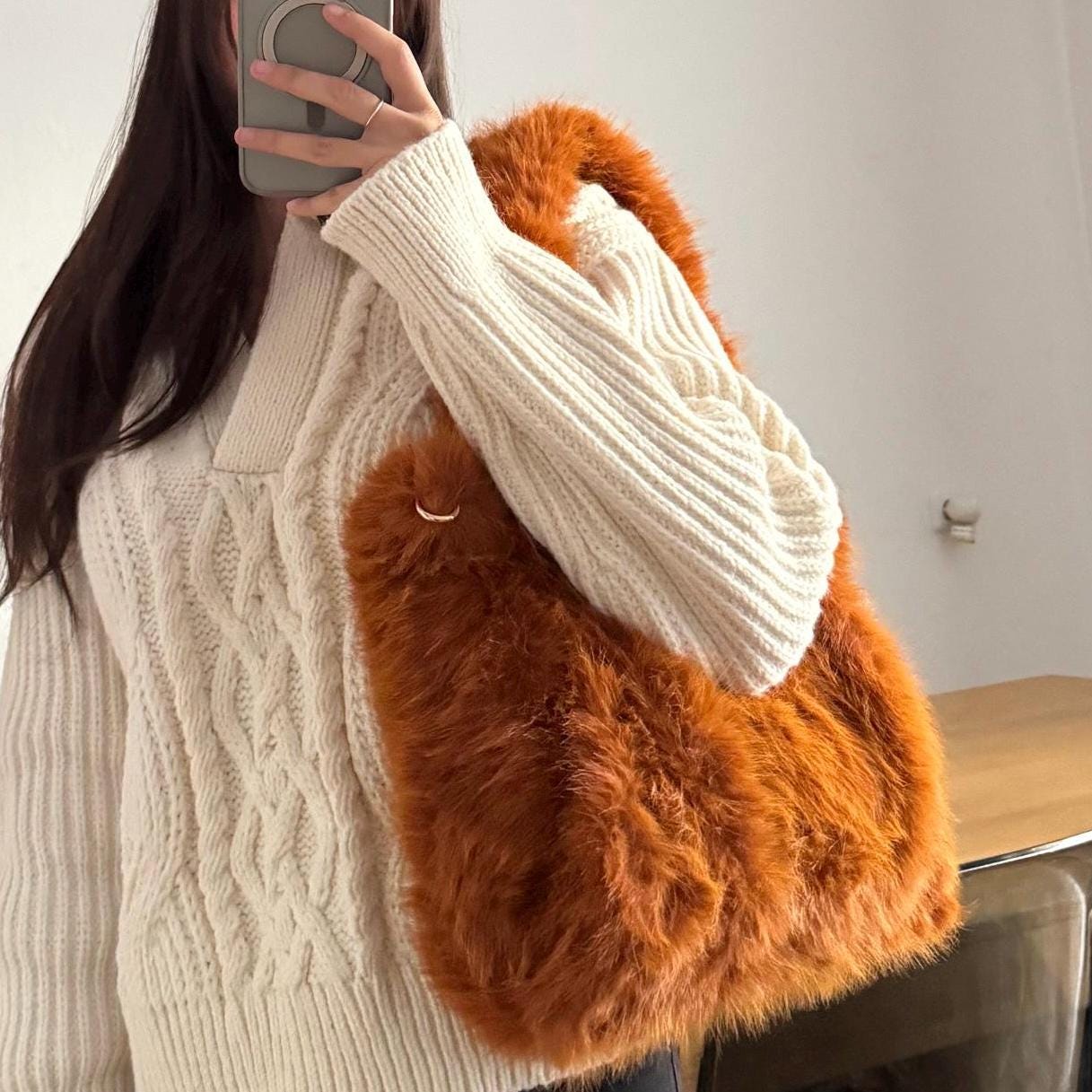 Damen Teddy Tasche Groß Cognac Braun – Plüsch Shopper Tasche