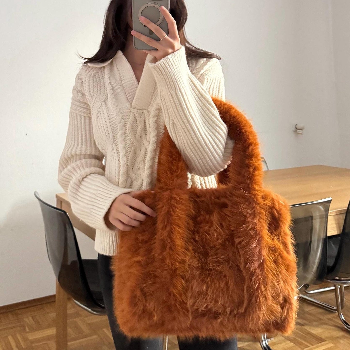 Damen Teddy Tasche Groß Cognac Braun – Plüsch Shopper Tasche