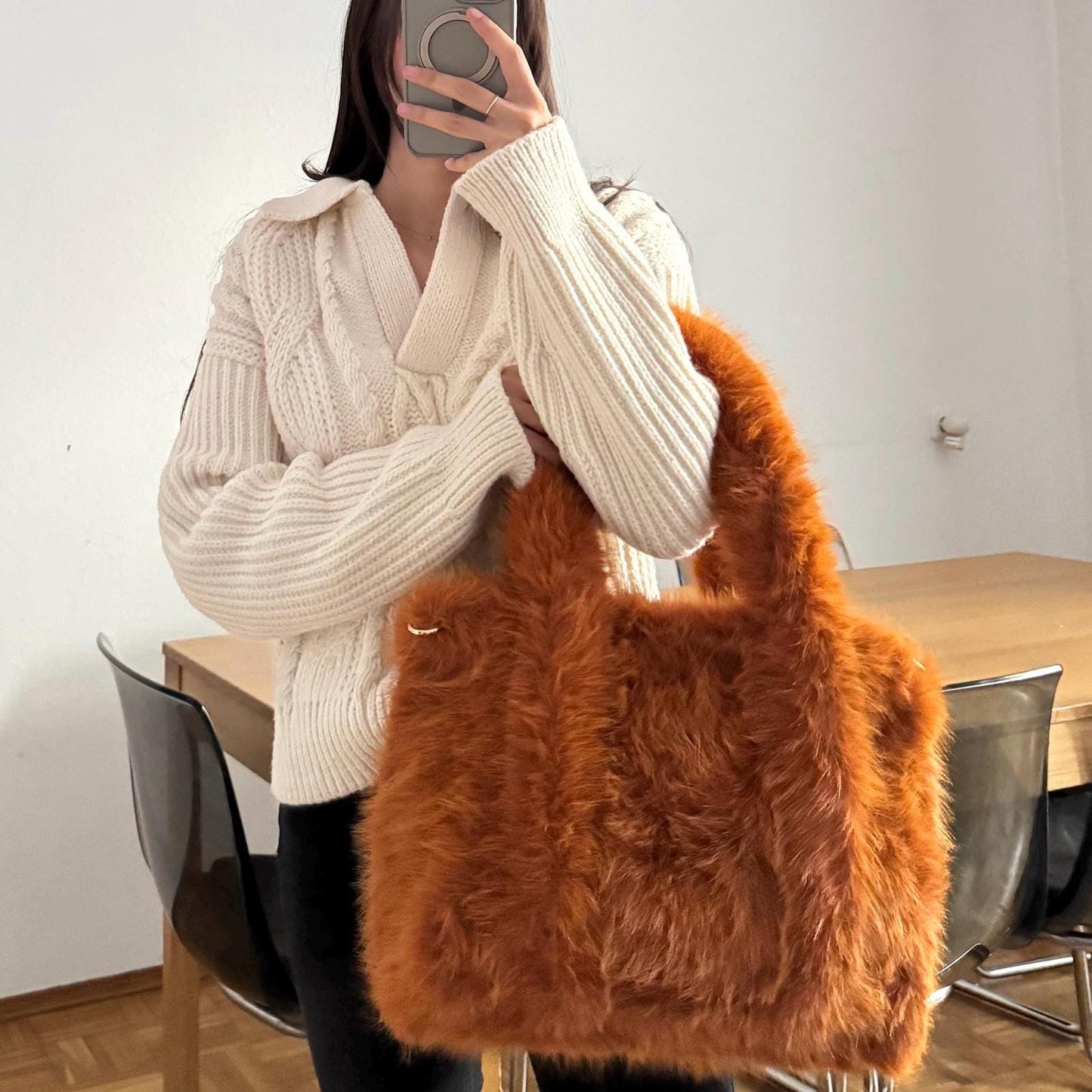 Damen Teddy Tasche Groß Cognac Braun – Plüsch Shopper Tasche