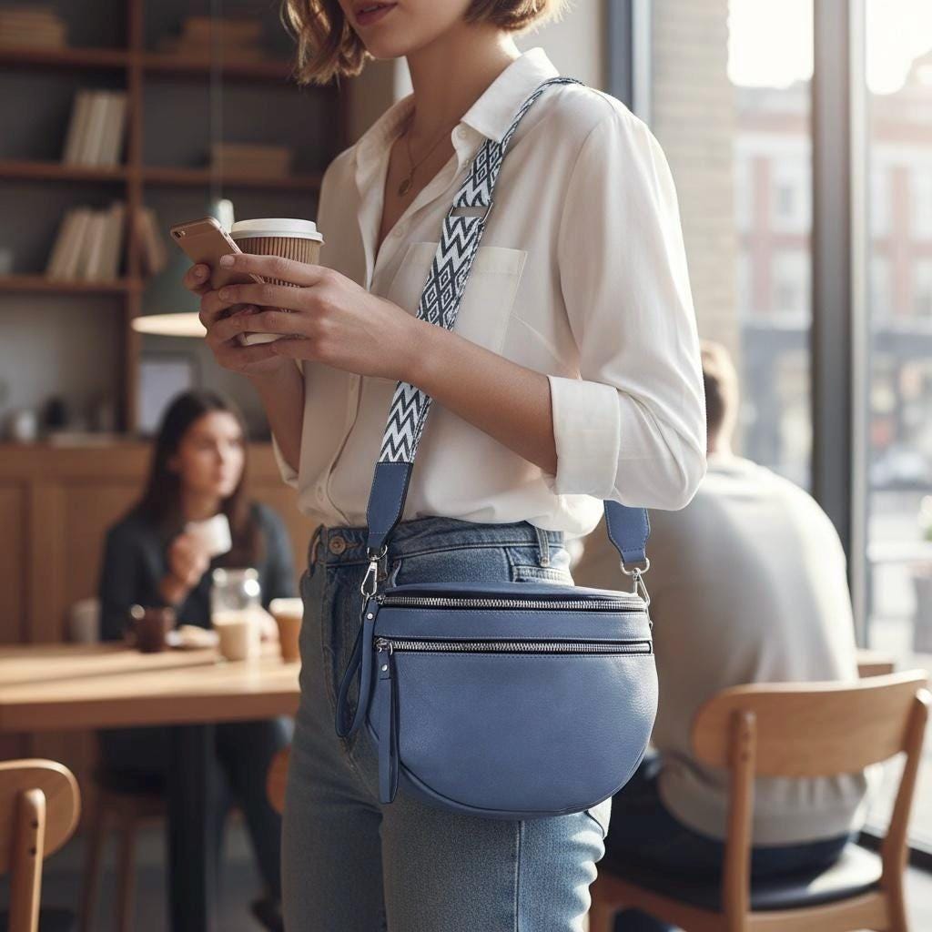 Damen Beuteltasche Leder – Crossbody Tasche mit gemustertem Gurt