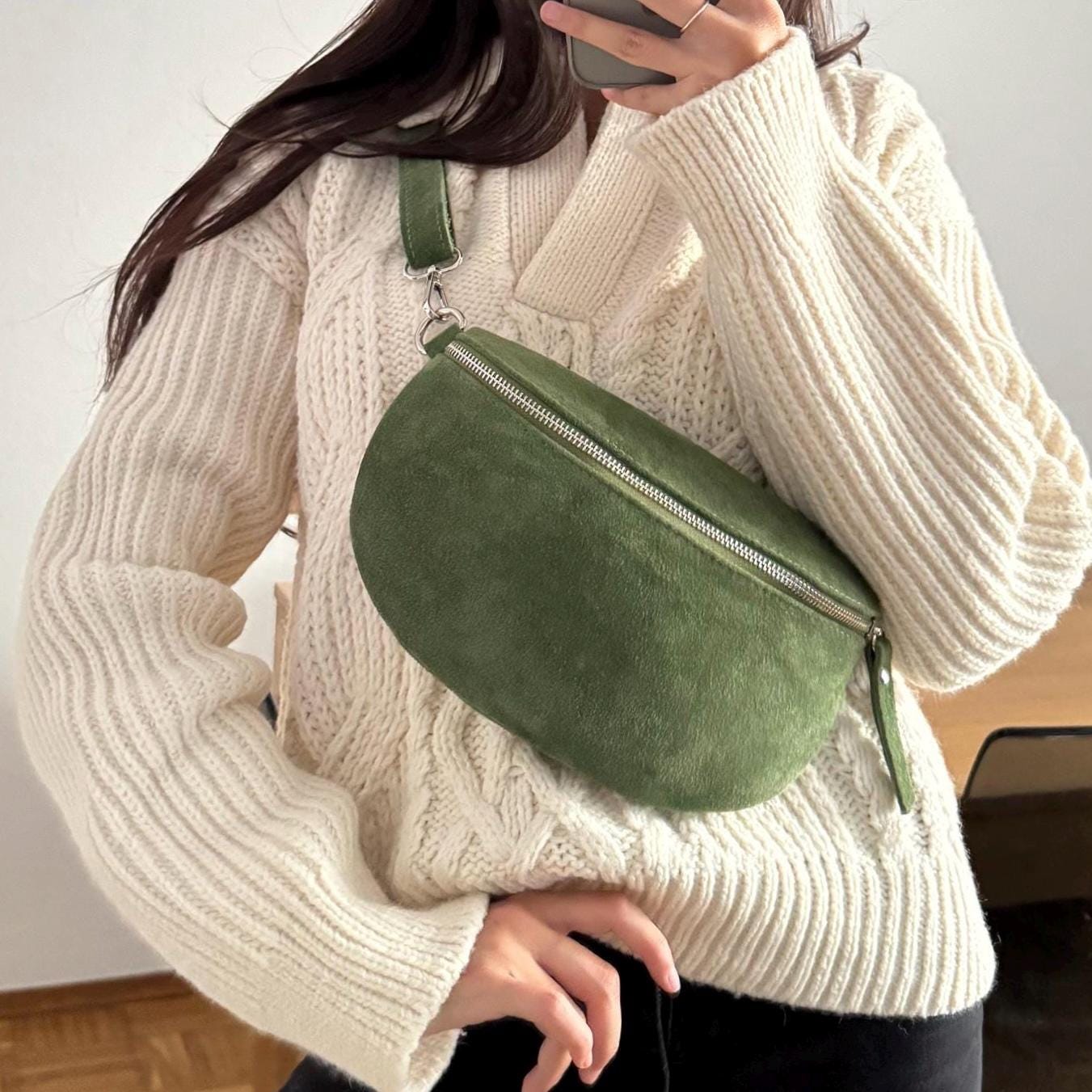 Damen Wildleder Crossbody Tasche Bauchtasche Umhängetasche Echtleder M