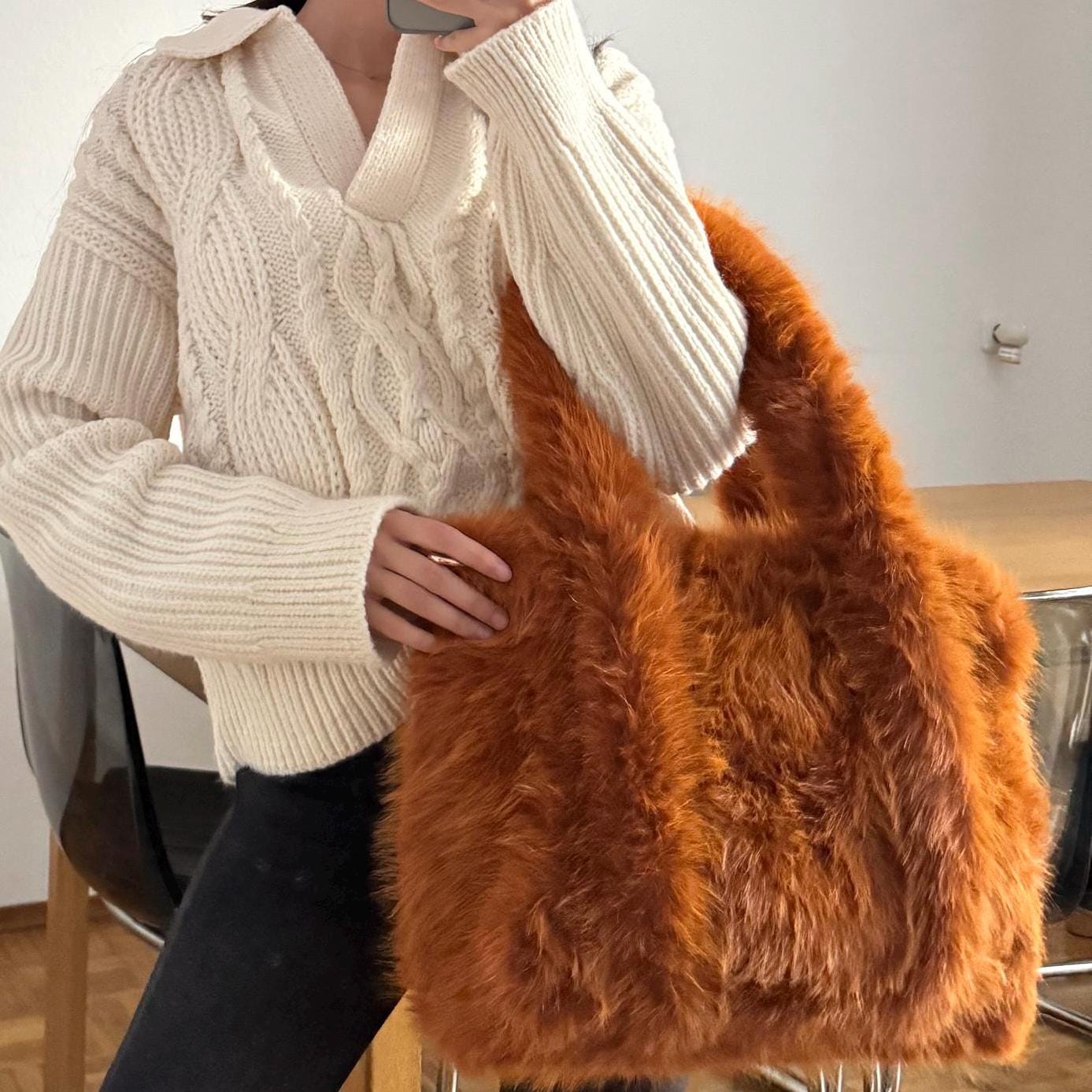 Damen Teddy Tasche Groß Cognac Braun – Plüsch Shopper Tasche