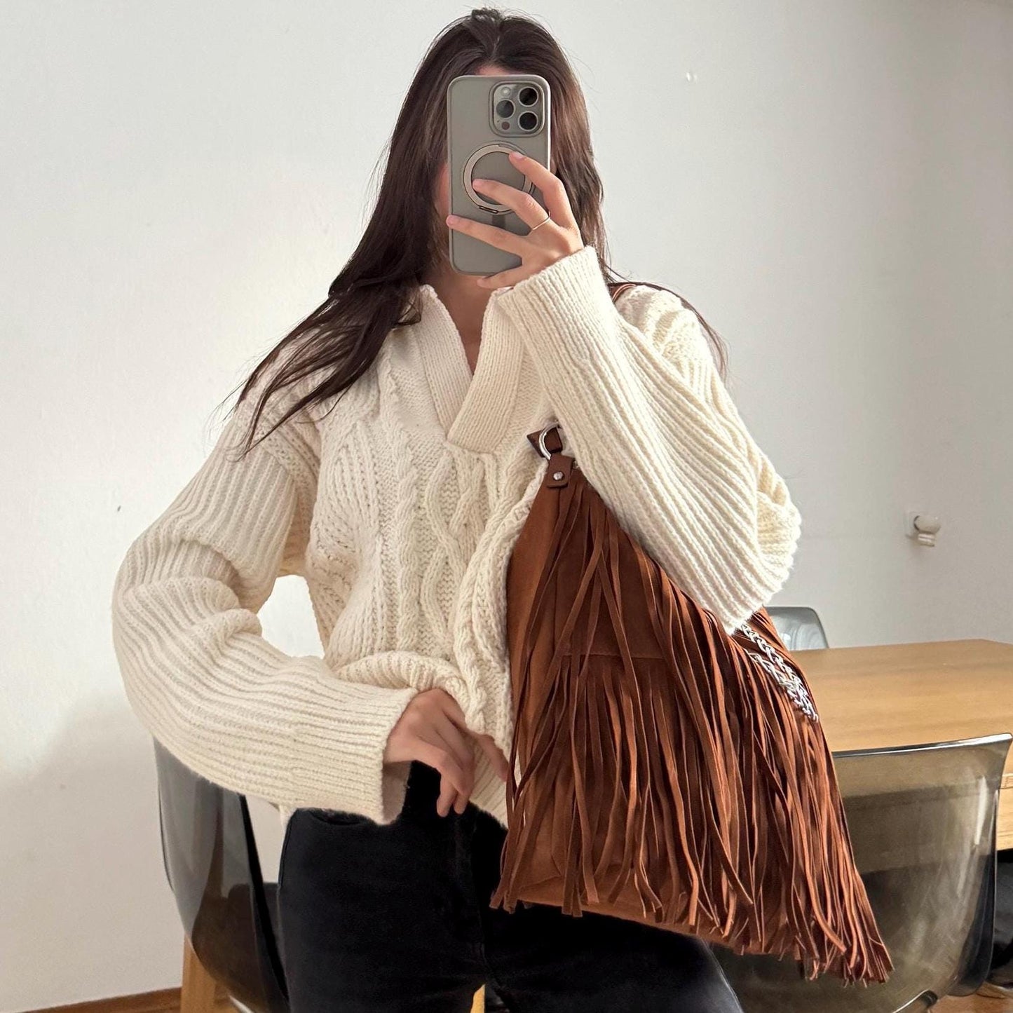 Damen Umhängetasche Wildleder Optik – Fransen Tasche Cognac Braun Crossbody