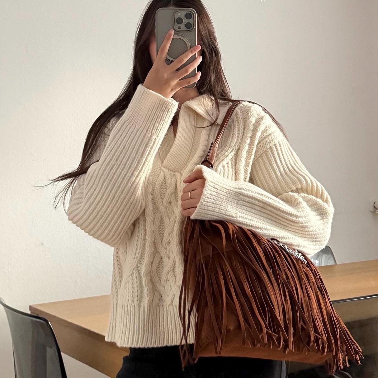Damen Umhängetasche Wildleder Optik – Fransen Tasche Cognac Braun Crossbody