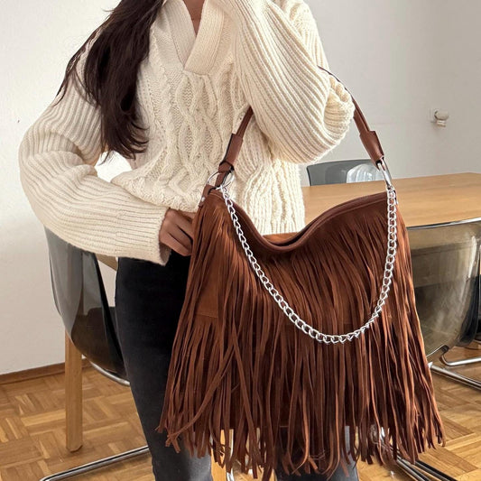 Damen Umhängetasche Wildleder Optik – Fransen Tasche Cognac Braun Crossbody