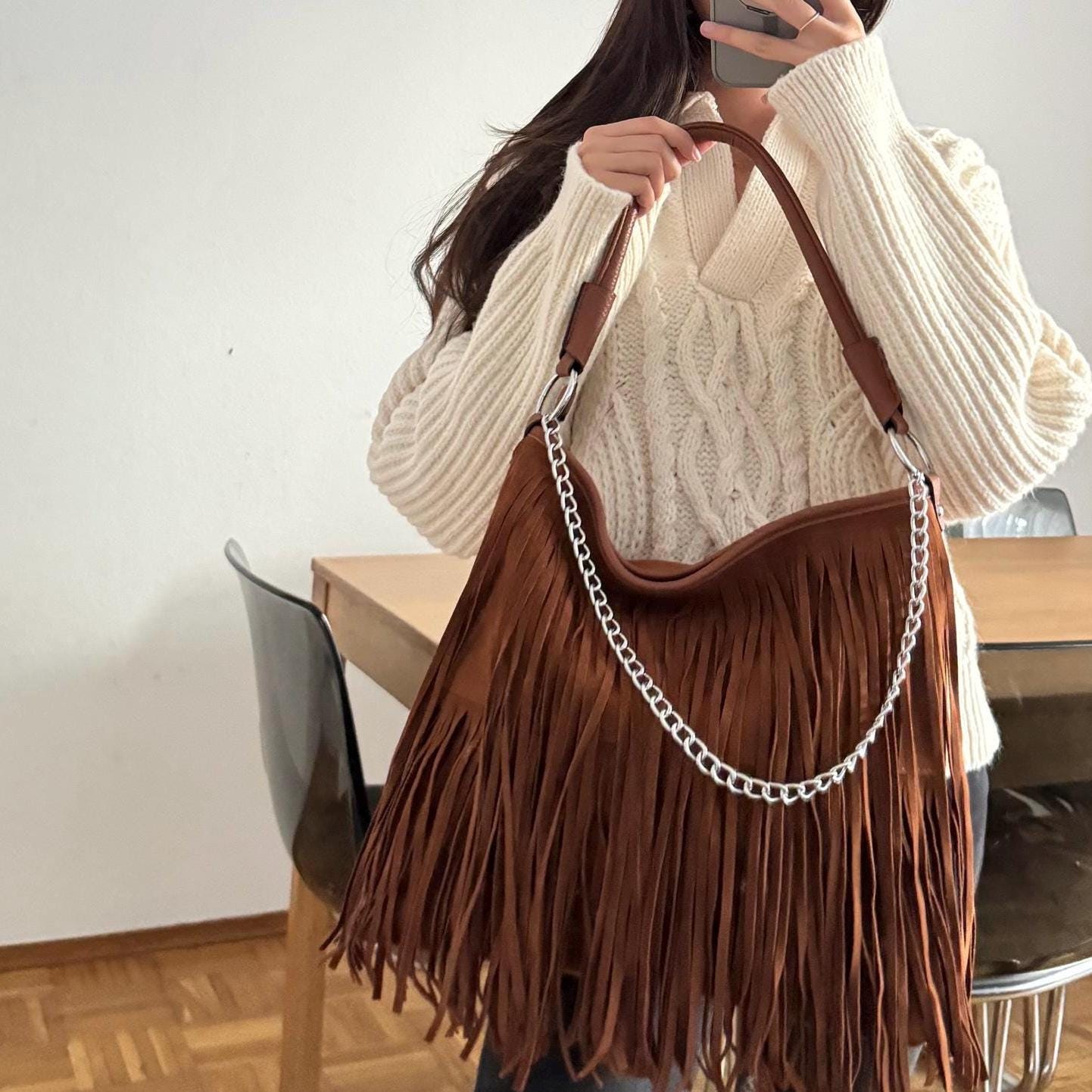 Damen Umhängetasche Wildleder Optik – Fransen Tasche Cognac Braun Crossbody