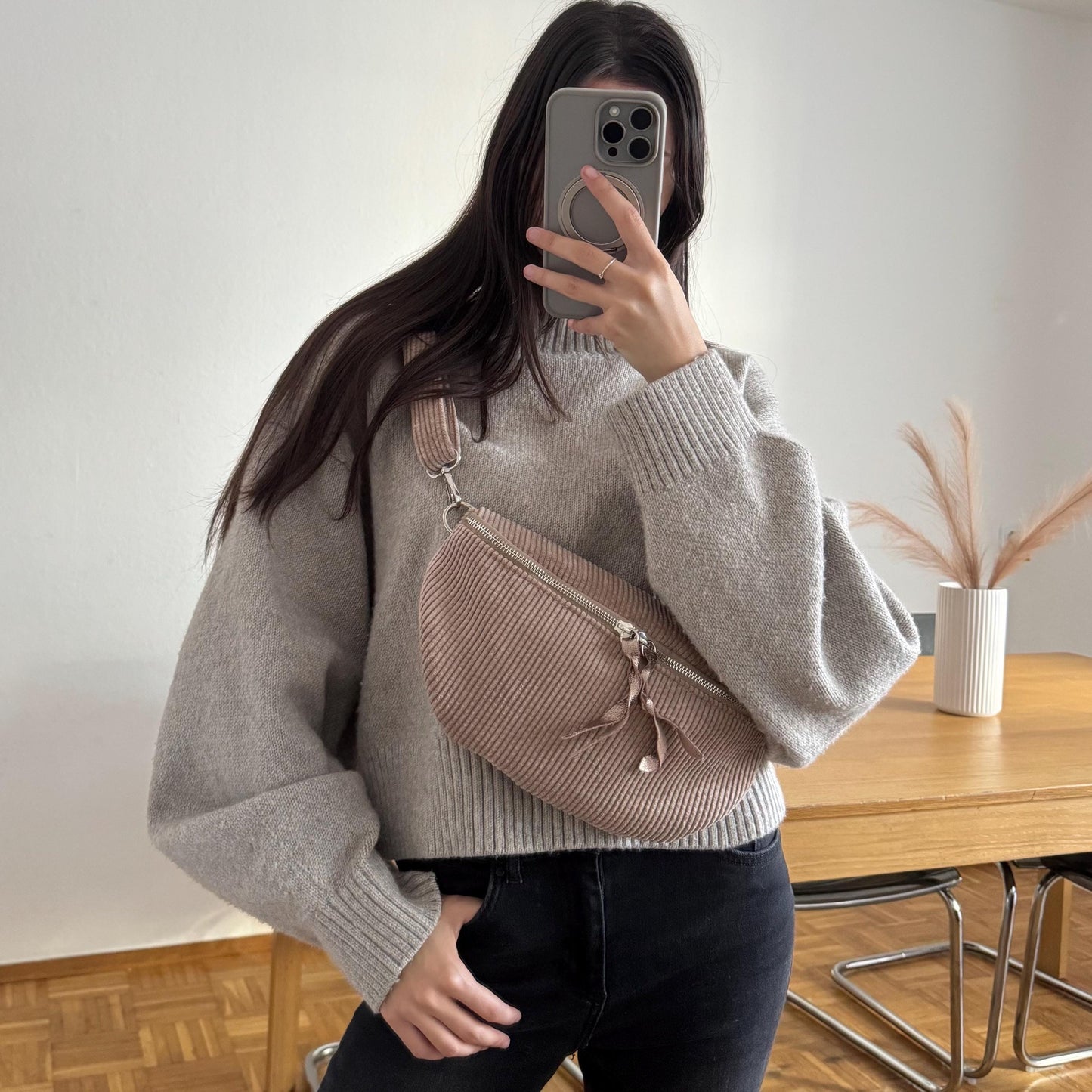 Damen Cord Bauchtasche Beige Taupe – Crossbody Tasche Alltag Umhängetasche