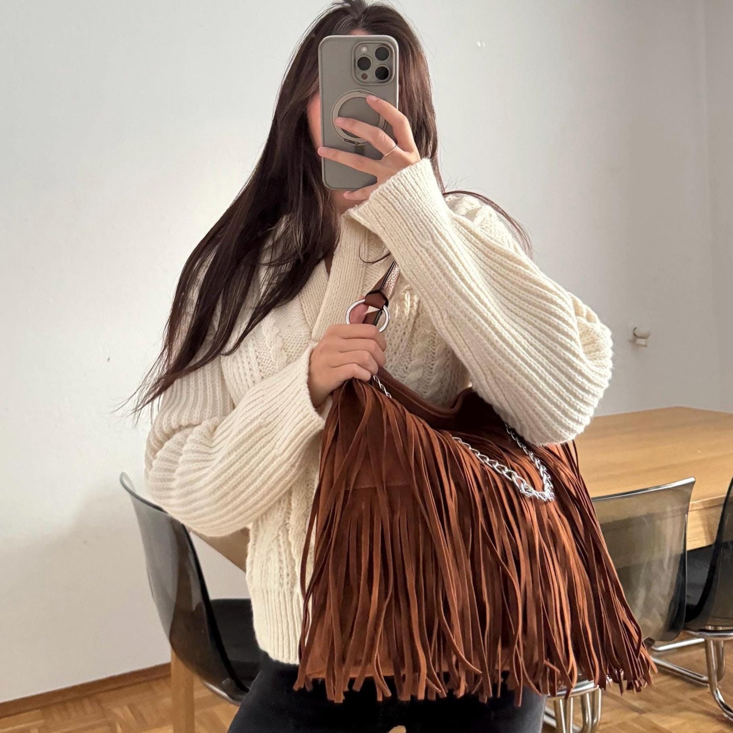 Damen Umhängetasche Wildleder Optik – Fransen Tasche Cognac Braun Crossbody